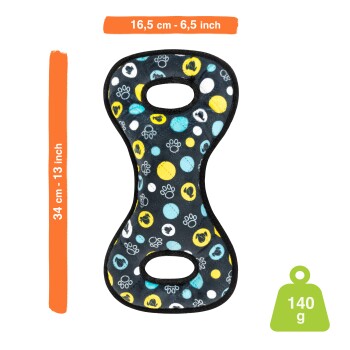 Hundespielzeug in einem lustigen Design mit bunten Punkten und Pfotenabdrücken, misst 34 cm x 16,5 cm und wiegt 140 g.