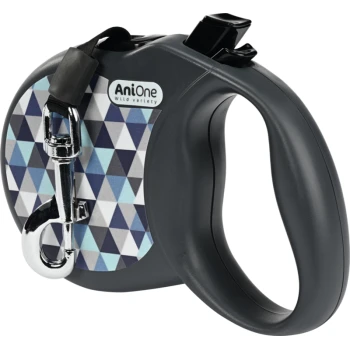 Einziehbare Hundeleine im blauen und grauen geometrischen Muster mit Metallclip und ergonomischem Griff, beschriftet mit "AniOne Wild Variety."