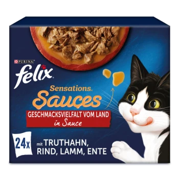 Die Verpackung des Felix Sensations Sauces Katzenfutters zeigt eine schwarz-weiße Katze mit einer Fleischschüssel. Text: '24x mit Truthahn, Rind, Lamm, Ente.'
