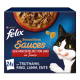 Die Verpackung des Felix Sensations Sauces Katzenfutters zeigt eine schwarz-weiße Katze mit einer Fleischschüssel. Text: '24x mit Truthahn, Rind, Lamm, Ente.'