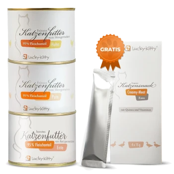 Drei Lucky-Kitty Katzenfutterdosen (95% Fleischanteil: Huhn, Pute, Ente) mit Creamy-Meat Ente Beutel und Schachtel, orangefarbener 'GRATIS'-Abzeichen.