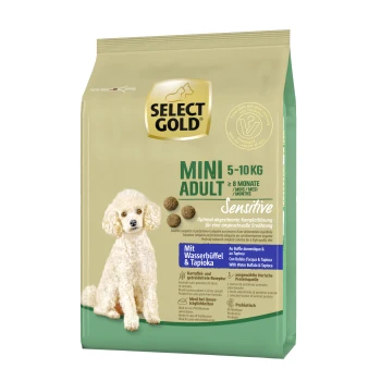 Sensitive Mini Adult Wasserbüffel 1 kg Goldene Mini Adult Hundefuttertüte für Hunde von 5-10 kg, mit der Aufschrift "Sensibel," mit einem Pudelbild und Zutaten wie Wasserbüffel und Tapioka.