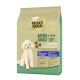 Goldene Mini Adult Hundefuttertüte für Hunde von 5-10 kg, mit der Aufschrift "Sensibel," mit einem Pudelbild und Zutaten wie Wasserbüffel und Tapioka.
