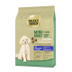Goldene Mini Adult Hundefuttertüte für Hunde von 5-10 kg, mit der Aufschrift "Sensibel," mit einem Pudelbild und Zutaten wie Wasserbüffel und Tapioka.