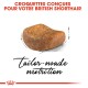 Croquettes conçues pour les chats British Shorthair, avec le texte "nutrition sur mesure" sur un fond blanc.