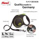 Black flexi dog leash with ergonomic grip, sturdy tape, and braking system, labeled "Quality made in Germany," suitable for dogs up to 50kg.