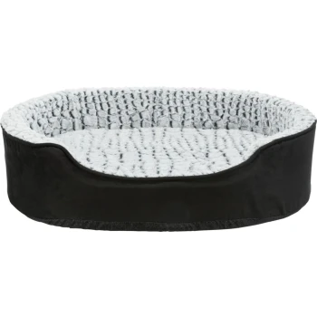 Schwarzes Haustierbett mit einem weichen, plüschigen grauen Innenraum, in runder Form und mit erhöhten Kanten für Komfort.