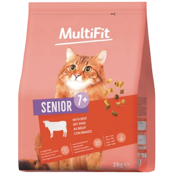 MultiFit Senior 7+ Katzenfutterbeutel mit Bild einer orangen Katze, Aufschrift 'WITH BEEF' und 2 kg Gewicht.