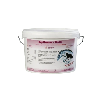 EquiPower - Biotin-Ergänzung für Pferde in einem 750g Eimer, mit einer Pferdegrafik und Dosierungsanweisungen auf Deutsch.