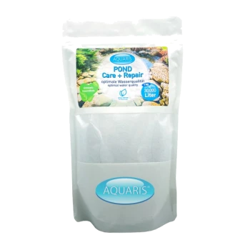 AQUARIS Teichpflege + Reparatur Produktverpackung, mit einem malerischen Teichbild, das optimale Wasserqualität für 30.000 Liter verspricht.