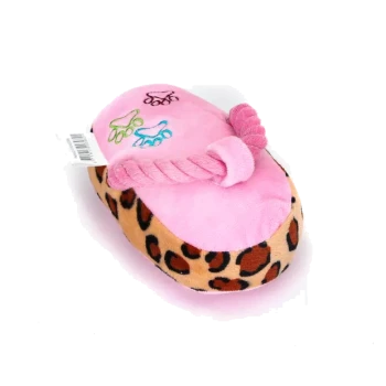 Rosa und leopardgemustertes Plüsch-Hundespielzeug mit gestickten Pfotenabdrücken und gedrehtem Seilgriff.