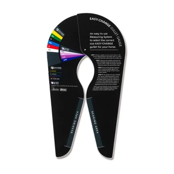 Easy-Change Gullet Gauge für Pferde, mit einem Messsystem mit Größenindikatoren von N (Narrow) bis 4XW (Extra Wide) und Gebrauchsanweisungen.