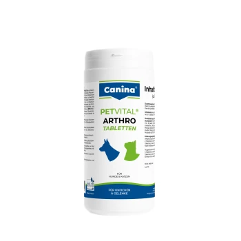 Weiße Canina PETVITAL Arthro Tabletten-Flasche — blaue Hunde- und grüne Katzensilhouetten; für Hunde & Katzen, für Knochen & Gelenke