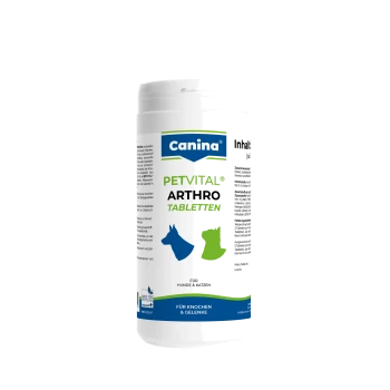 Weiße Canina PETVITAL Arthro Tabletten-Flasche — blaue Hunde- und grüne Katzensilhouetten; für Hunde & Katzen, für Knochen & Gelenke