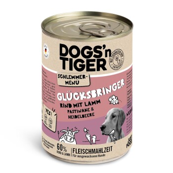 Dosen-Hundefutter mit der Aufschrift "Dogs'n'Tiger Glücksbringer", das Rind und Lamm mit Pastinake und Heidelbeere enthält, 60 % Fleischanteil.