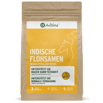 Braune Papiertüte mit Aniforte Indischen Flohsamen, auf Deutsch beschriftet mit Text über die Unterstützung der gastrointestinalen Aktivität und der normalen Verdauung.