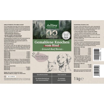 Verpackung für Aniforte BARF-Line Rinderknochen, mit Nährwertinformationen, Fütterungsempfehlungen und einem Hinweis auf eine natürliche Kalziumquelle.