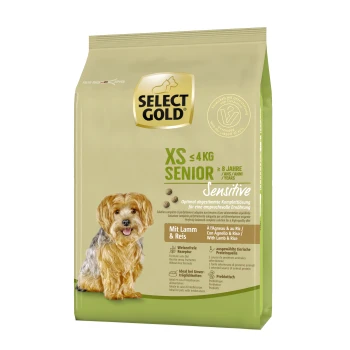 Select Gold XS Senior hondenvoerzak, 4 kg, ontworpen voor honden ouder dan 8 jaar. Bevat het label 'Sensitive', met lamsvlees en rijst als ingrediënten.