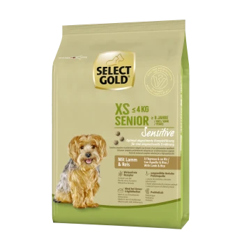 Select Gold XS Senior Hundefutterbeutel, 4 kg, für Hunde über 8 Jahre. Mit dem Etikett 'Sensitive', mit Lamm- und Reis-Zutaten.