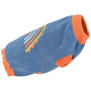 Blauer Hundepullover mit orangefarbenen Bündchen, mit bunten gestickten Designs von Blumen und Linien.