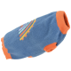 Blauwe hondentrui met oranje manchetten, met kleurrijke geborduurde ontwerpen van bloemen en lijnen.
