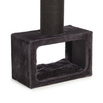 Schwarzer Katzenbaum mit einer plüschigen Basis und einem mit Sisal umwickelten Kratzbaum, mit einem gemütlichen Versteck.