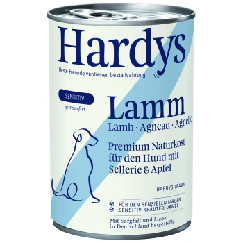 Dose mit Hardys Hundefutter, beschriftet mit 'Lamm', mit Sellerie und Apfel, mit einer blauen Hundillustration und Text auf Deutsch über hochwertige Ernährung.