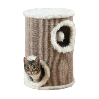 Ein gemütlicher Katzenbaum mit zwei runden Öffnungen, mit einem flauschigen weißen Rand, und einer getigerten Katze, die aus einem der Löcher schaut.