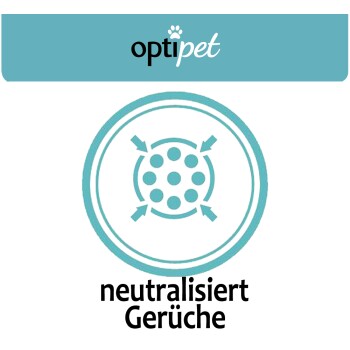 Logo von optipet mit einem kreisförmigen Symbol, das Partikel und Pfeile darstellt, begleitet von dem Text "neutralisiert Gerüche".
