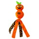 KONG Wubba Halloween dog toy: orange jack-o'-lantern head, knotted body with green leaves, orange and candy-corn patterned legs.