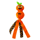 KONG Wubba Halloween dog toy: orange jack-o'-lantern head, knotted body with green leaves, orange and candy-corn patterned legs.