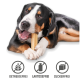Ein glücklicher Hund, der auf einem Knochen kaut, mit Symbolen darunter, die anzeigen, dass das Produkt getreidefrei, laktosefrei und zuckerfrei ist.