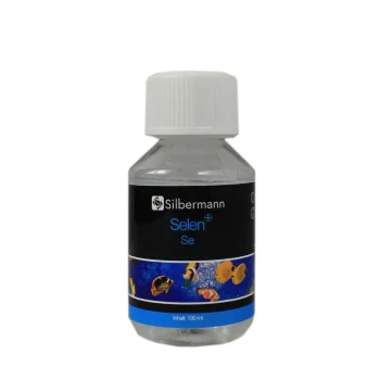 Flasche Silbermann Selen+ Se, ein 100 ml flüssiges Ergänzungsmittel für Fische, mit bunten Fischgrafiken auf dem Etikett.