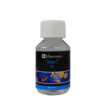 Flasche Silbermann Selen+ Se, ein 100 ml flüssiges Ergänzungsmittel für Fische, mit bunten Fischgrafiken auf dem Etikett.