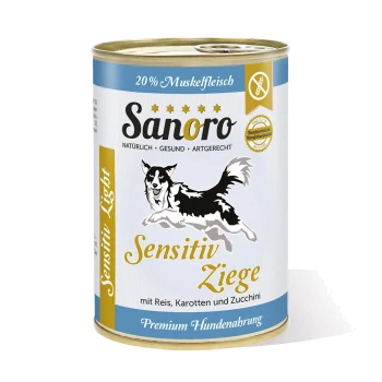 Dose Sanoro Hundefutter mit der Aufschrift 'Sensitiv Ziege' mit Ziegenfleisch, Reis, Karotten und Zucchini. Mit einer Grafik eines laufenden Hundes.