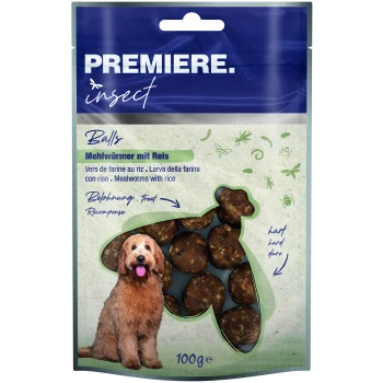 Eine "Premiere Insect" Mehlwurm-Leckerei für Hunde, die runde braune Bälle zeigt und ein "100g"-Etikett in mehreren Sprachen.