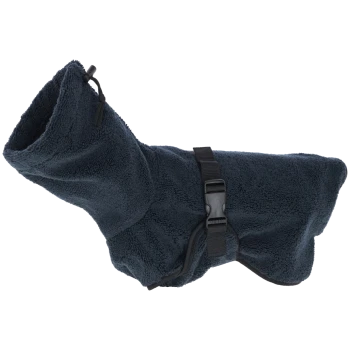 Ein dunkelblaues Tierhandtuch mit hohem Kragen und verstellbarem Riemen, entworfen zum Trocknen von Hunden nach Bädern oder Outdoor-Aktivitäten.