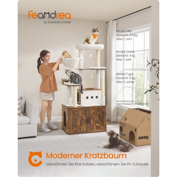 Ein moderner Katzenbaum mit drei Ebenen und drei Katzen: Milo, Coral und Tyga. Bildunterschrift: "Moderner Kratzbaum" für stilvolle Katzenverwöhnung.