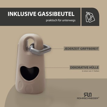 Beige Abfallbeutelspender für Haustiere mit herzförmiger Öffnung und Text: "Beutel enthalten," "Praktisch für unterwegs," "Immer griffbereit," "Dekorativer Deckel."