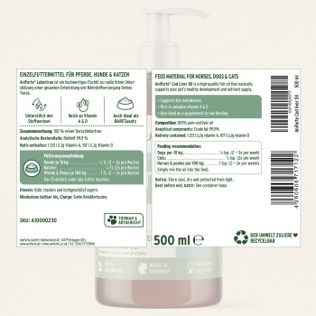 500-ml-AniForte-Lebertranflasche — Futtermittelergänzung für Pferde, Hunde & Katzen; Fütterungsanleitung und Barcode sichtbar.