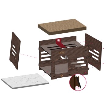 Illustration einer Montageanleitung für eine Holzhaustierkiste mit beschrifteten Teilen, einschließlich einer Oberseite, Seitenwänden und einem Boden, mit dem Wort "LIEBE."