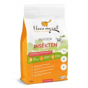 Eine 1,2 kg Tüte "I love my cat" insektenbasiertes, getreidefreies Katzenfutter, das eine einfache Verdauung und ein gesundes Fell und Knochen fördert.