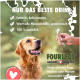 Golden Retriever blickt auf eine handgereichte Belohnung; deutscher Werbetext 'NUR DAS BESTE DRIN' mit aufgeführten Vorteilen und FOURLEGS natural dogfood-Logo