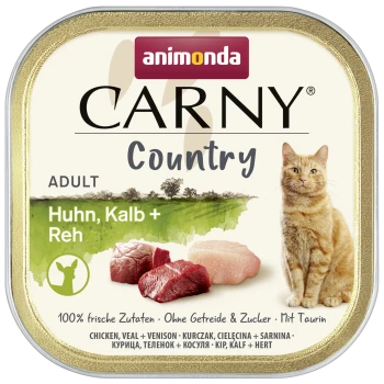 Animonda CARNY Country Adult Katzenfutter-Schale mit orangefarbener Katze, Stücken von Huhn, Kalb und Reh; sichtbarer Text 'Huhn, Kalb + Reh'.