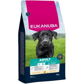 Sac de nourriture pour chien adulte Eukanuba pour grandes et très grandes races, riche en poulet frais, 15 kg, nutrition premium.
