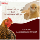 Huhn und Küken mit deutschem Text über Unterstützung des Knochenwachstums und Verringerung von Mangelerscheinungen, Supravit-Logo.