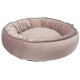 Rundes, plüschiges Haustierbett in sanftem Rosa mit einem gesteppten Zentrum und erhöhten Rändern, entworfen für Komfort und Entspannung.