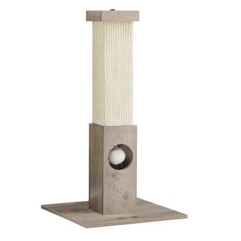 Katzenkratzbaum mit einer hohen, strukturierten Sisal-Säule, einem Holzsockel und einem hängenden weißen Pom-Pom-Spielzeug.