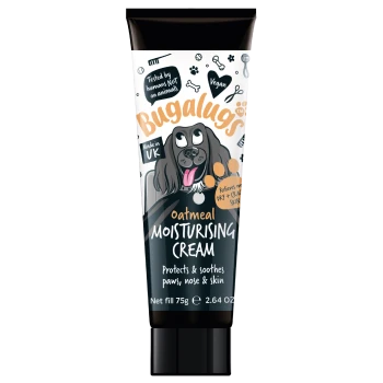 Tube der Bugalugs Haferfeuchtigkeitscreme für Hunde, schützt Pfoten, Nase, Haut, vegan, hergestellt in Großbritannien, 75g.