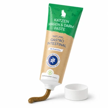 Natürliche Gastrointestinalpaste für Katzen in einer Tube, die probiotische Vorteile bietet, mit Text in Deutsch und einem grün-braunen Design.